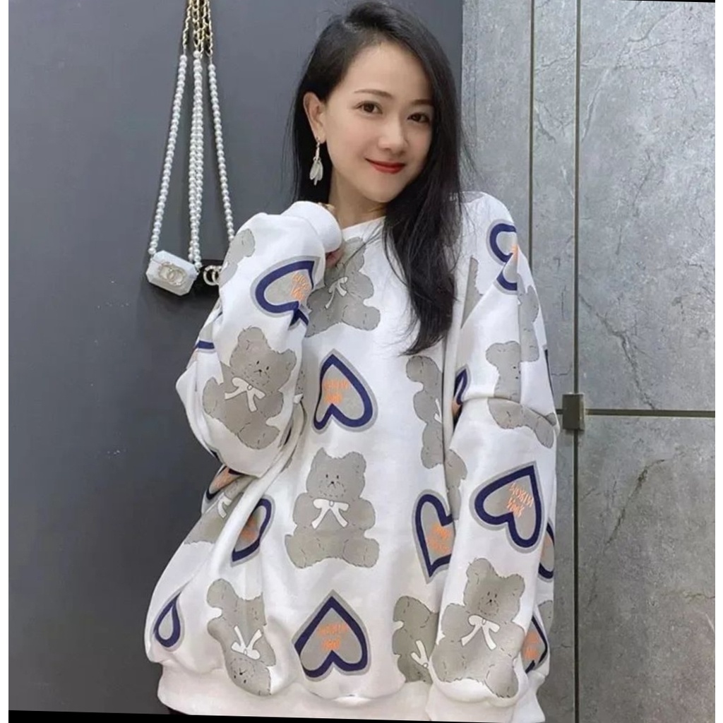 LOVE BEAR FULL PRINT SWEATER WANITA | CREWNECK SWEATER OVERSIZE WANITA KOREAN STYLE
