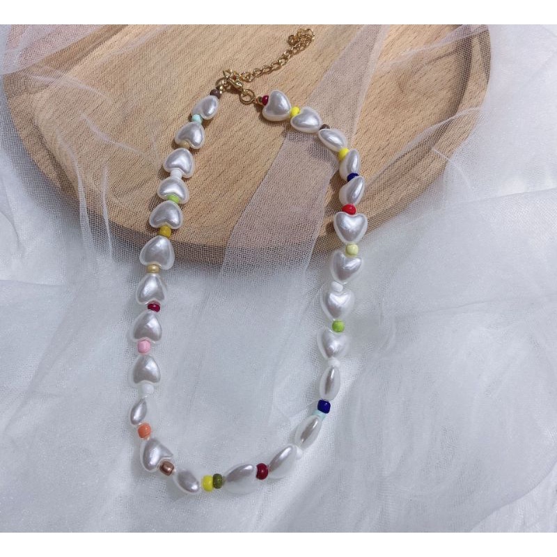 PROMO 12.12 Kalung Gelang Wanita Manik Mutiara Love Hati Warna Rainbow Fancy Import