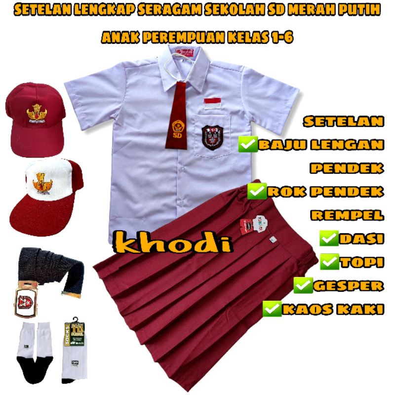 setelan seragam sekolah sd merah putih anak perempuan BAJU LENGAN PENDEK ROK PENDEK kelas 1-6