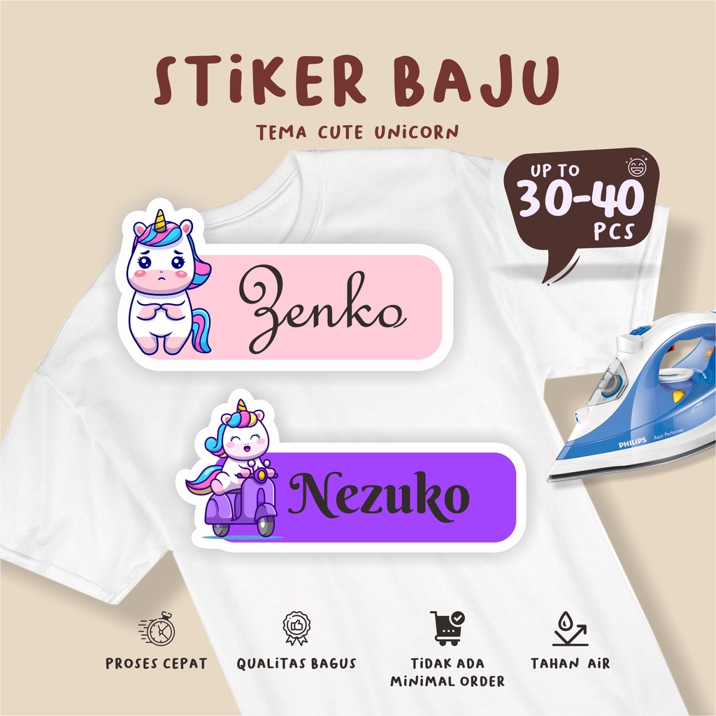 

(30-40pcs)Stiker Kain dtf/anti luntur/murah/ Label Baju Nama Anak tema UNICORN / Sablon Setrika Name /Label Sticker Iron on sticker a/ Ka