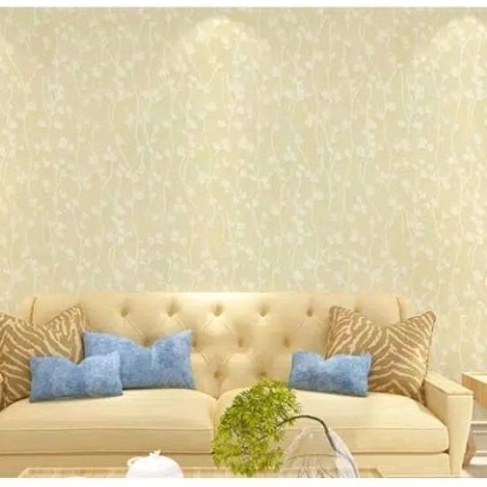 Wallpaper Sticker Dinding Motif Polos Salur Daun Krem/Cream Mewah Elegan Premium Dekorasi Ruang Tamu