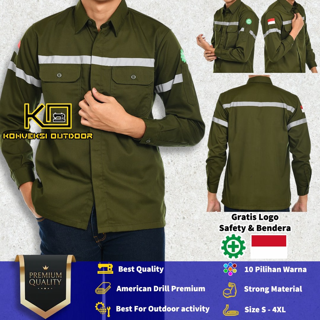 BAJU KEMEJA SAFETY WEARPACK K3 OUTDOOR PREMIUM LENGAN PANJANG - Seragam Proyek Pria Kerja Lapangan Bangunan Tambang Alat Berat PLN Enginer Instalasi Mesin Warepack Werpak Werpack Warepak Warpack Warpak Teknisi scotlet Warna Hijau Army Konveksi Outdoor