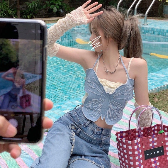 Red Setelan satu potong Spice Girl ~ kamisol lengan lipit musim panas + kamisol denim kupu-kupu antik ceruk