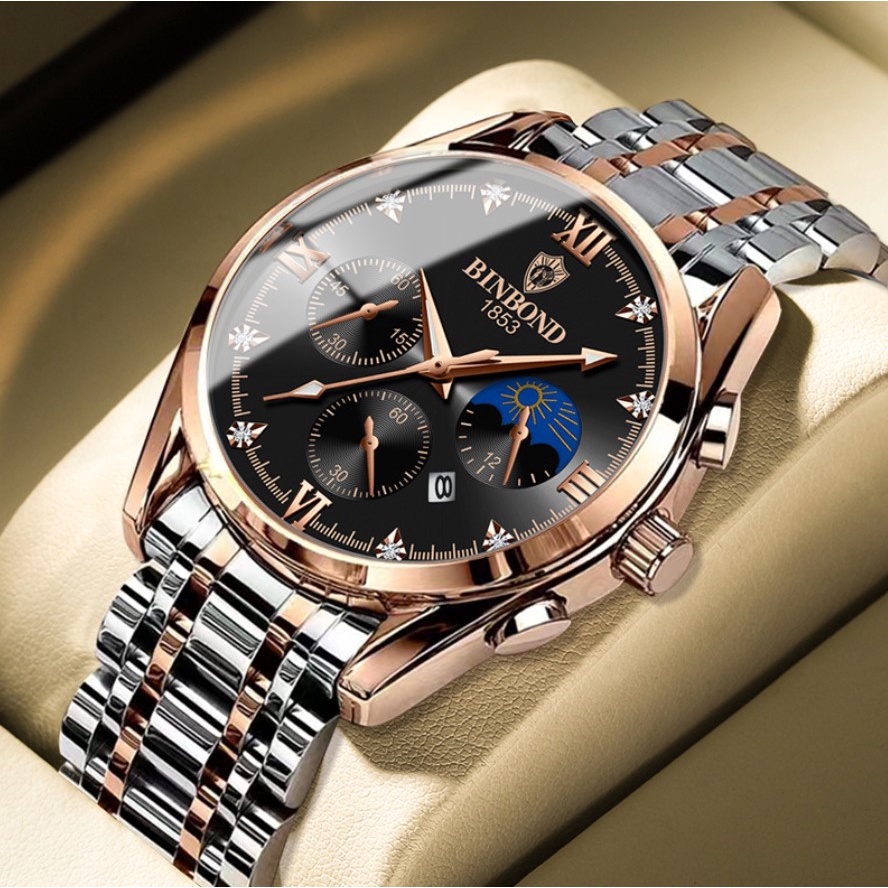 Jam Tangan Pria Kulit dan Stainless Impor Binbond B3591 Original Tahan Air Fashion Business Auto Date Analog