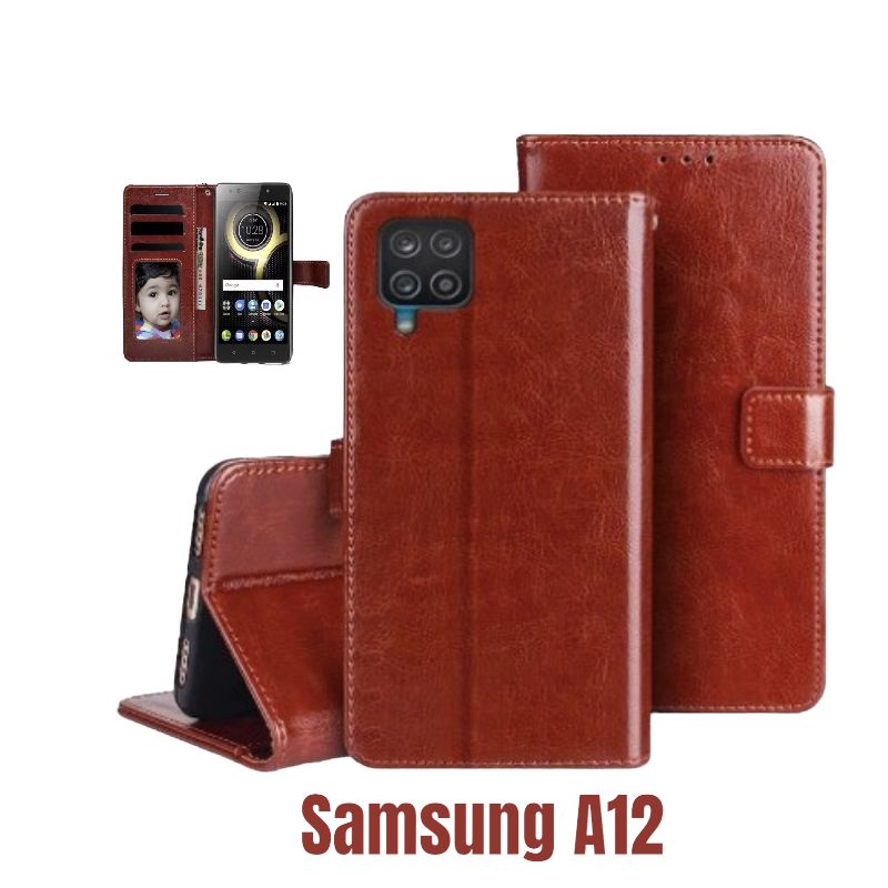 Samsung A12 Flip Sarung Dompet Kulit Hp Samsung Galaxy A12 Premium Case Magnetik Wallet - Casing Hp 