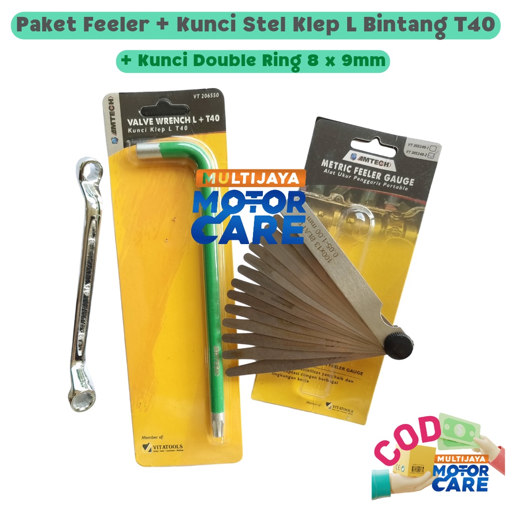 Paket 3 Pcs Feeler Gauge +  Stel Klep L Bintang T40 + Kunci Double Ring 8 x 9 mm