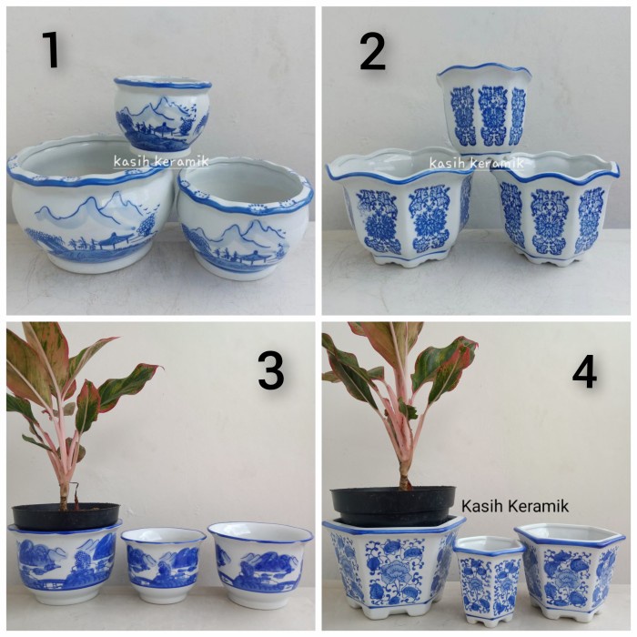 Pot Keramik Biru Putih Pot/Pot Tanaman