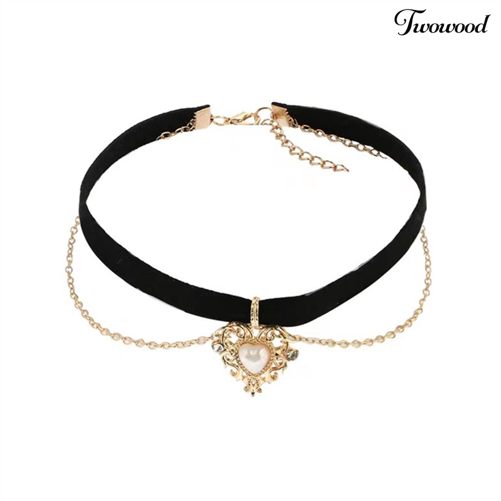 Kalung Choker Bahan Alloy Dengan Liontin Hati Aksen Mutiara Imitasi Gaya Gothic Untuk Wanita