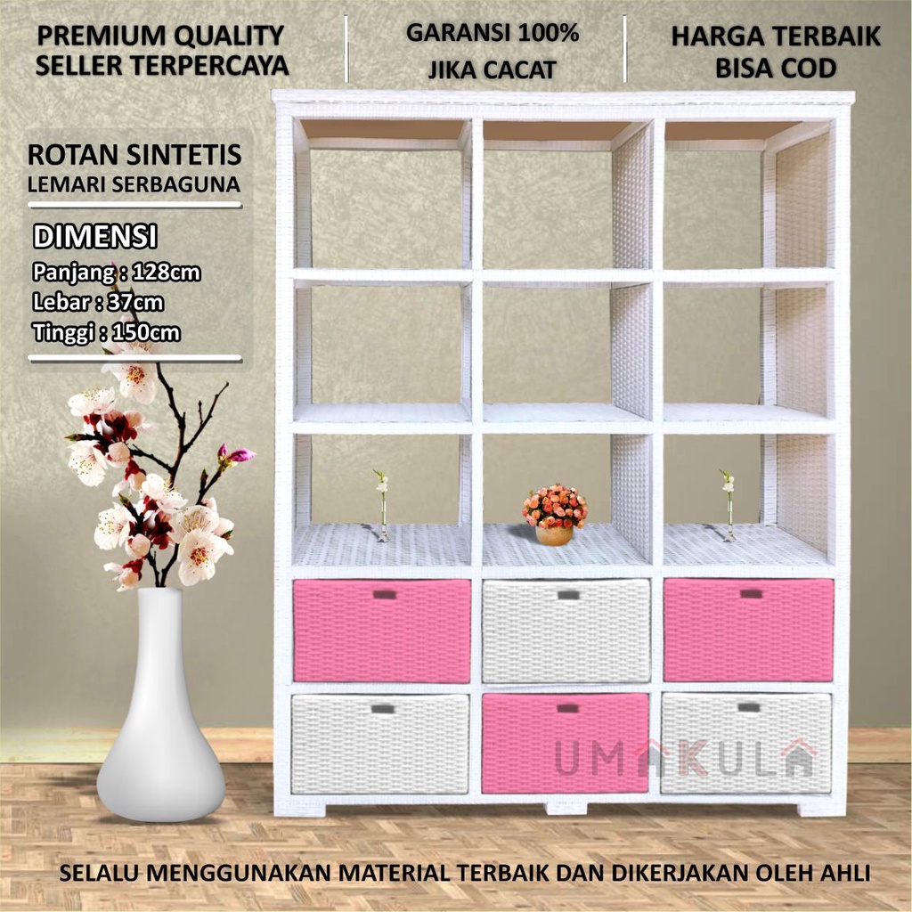 Lemari Rotan Sintetis Pembatas Ruangan Ruang Tamu 6 Laci dan 9 RAK Warna Warni Bufet Buffet Buku Hia