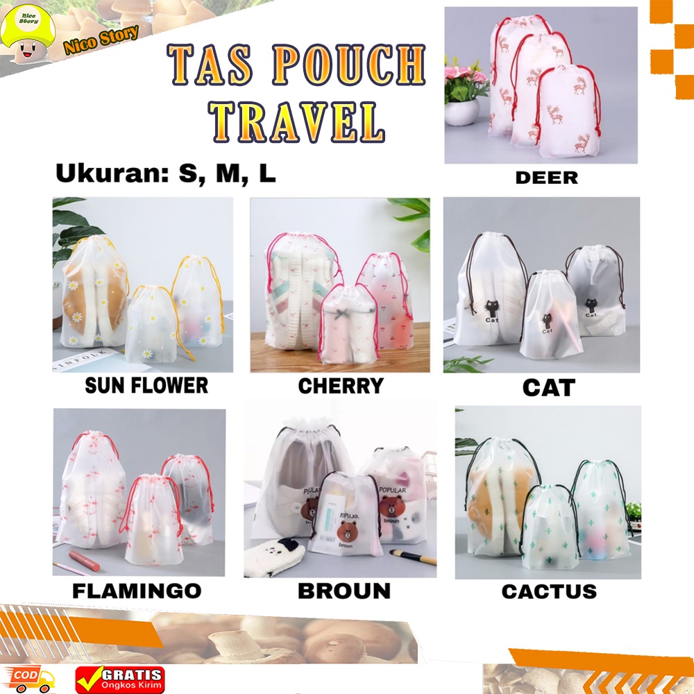 (NCS) Ready tas pouch travel cherry / cat / broun / cactus / deer / sunflower / flamingo