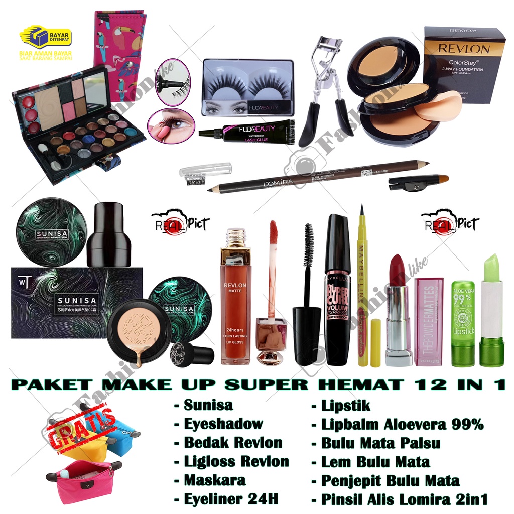 PAKET HEMAT SUNISA 12 IN 1 / Sunisa + Bedak Revlon + Eyeshadow + Lipgloss 3D + Maskara + Eyeliner + 