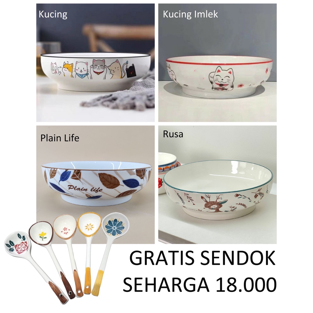 New HHS Mangkok Keramik Motif Kucing JUMBO Ukuran 23cm