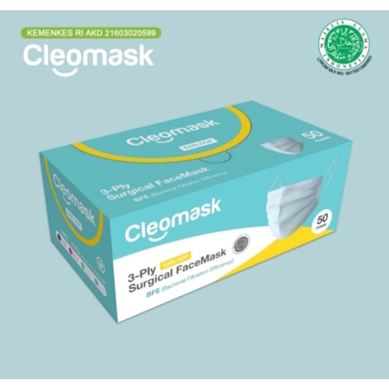 Masker Medis Cleomask Earloop 3 ply Warna Hijau &amp; Putih