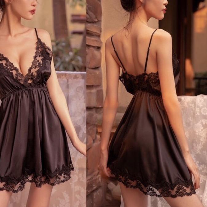 zu9070 Babydoll Clubbing Dress Lingerie Sleepwear Satin Upper Hem Lace Merah Hitam Dusty Pink Abu Pu