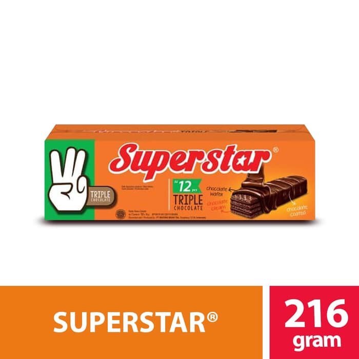 

SUPERSTAR WAFER TRIPLE CHOCOLATE SNACK MAKANAN RINGAN BISKUIT KRIM COKLAT (1 BOX ISI 12 PCS)