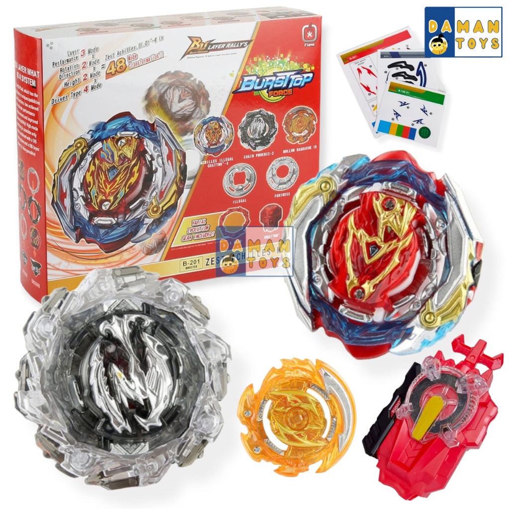 Mainan Gangsing Beyblade 3 in 1 Zest Achilles Q-4 Booster Chain Phoenix Ragnaruk Gasing Bayblade Burst LR Battle Launcher