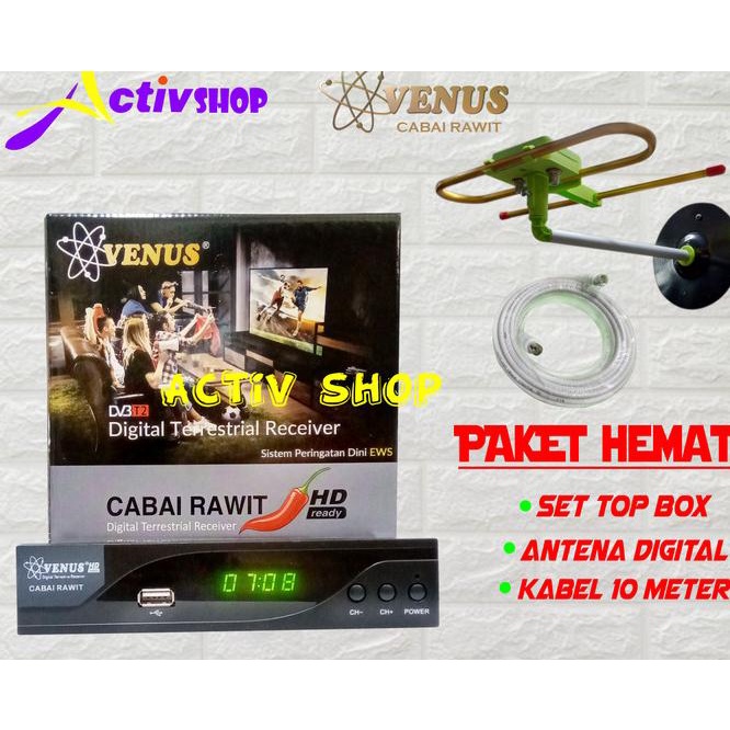 Set Top Box Dvbt2 Paket Receiver Tv Venus Cabai Rawit + Antena Digital