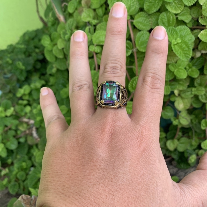 Cincin Pria Batu Mystic Rainbow Mistik Quartz Ring Gaya Turki