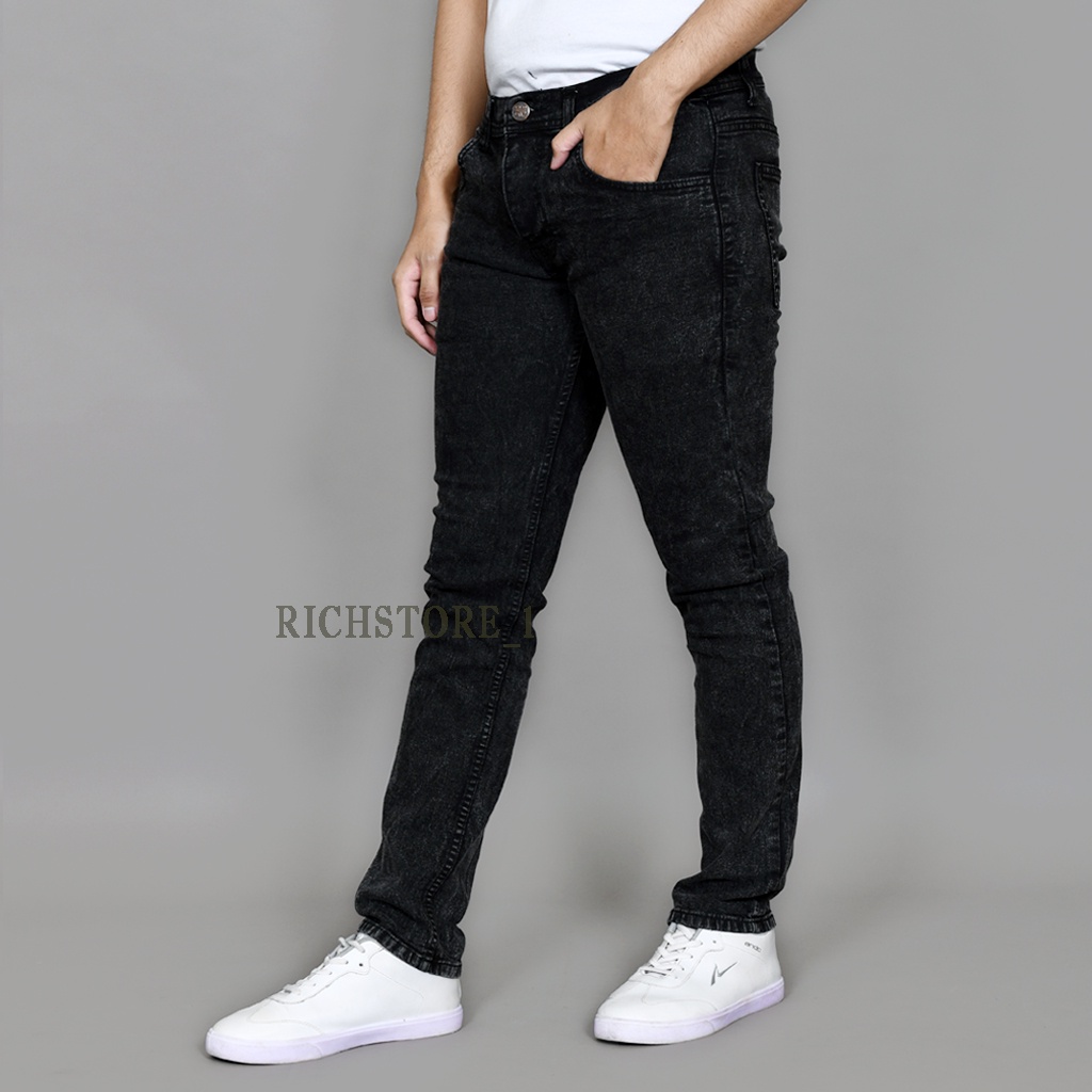 RICHSTORE_1 CELANA PANJANG JEANS PRIA BLACK SANDWASH SNOW ACID SIZE 27-36