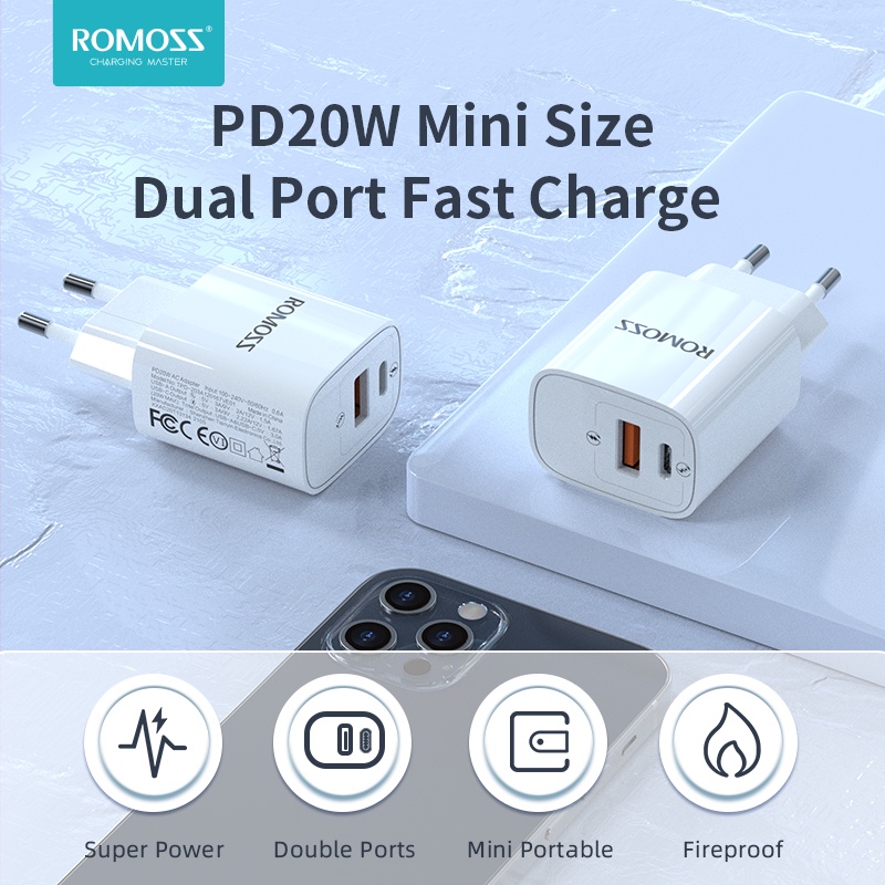 Romoss AC20T Charger PD20W 2 Port Quick Charge 3.0 TypeC/USB Adapter