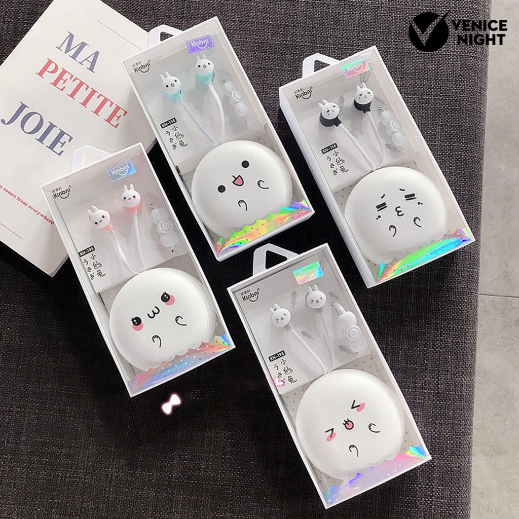 (VNEP) (Berkabel) Earphone In-ear 3D Stereo Surround Earbud Musik Kartun Lucu dengan Kotak Penyimpanan untuk Siswa