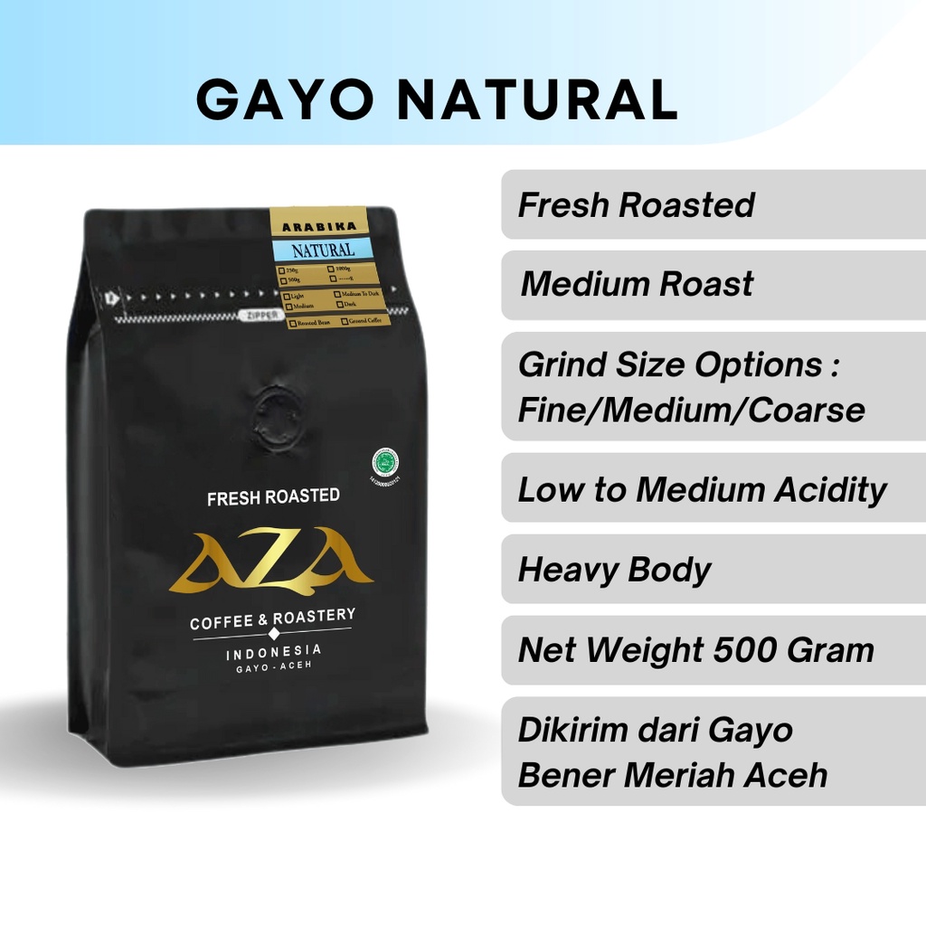 

Aza Coffee Kopi Arabika Aceh Gayo Natural 500g Bubuk Single Origin Coffe Powder Biji Roasted Beans