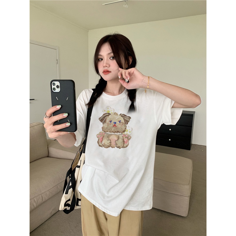 EUNII T-shirt Lengan Pendek Cartoon Oil Painting Dog Korean Style/Kaos Atasan Wanita/Baju Kaus Oversize Wanita