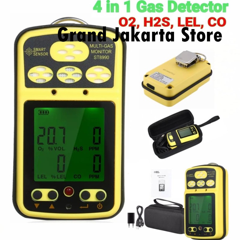 H2S O2 CO LEL Smart Sensor Gas Detector ST8990 Multi 4in1 Monitor ST-8990 Detektor Oxygen Oksigen Hy