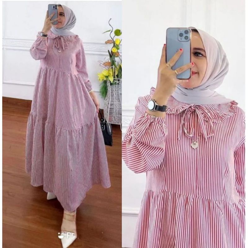 GAMIS DERSS MOTIF GARIS //SALUR MEWAH PAKAIAN WANITA LENGAN PANJANG DEWASA BAHAN KATUN YERAP KERINGA