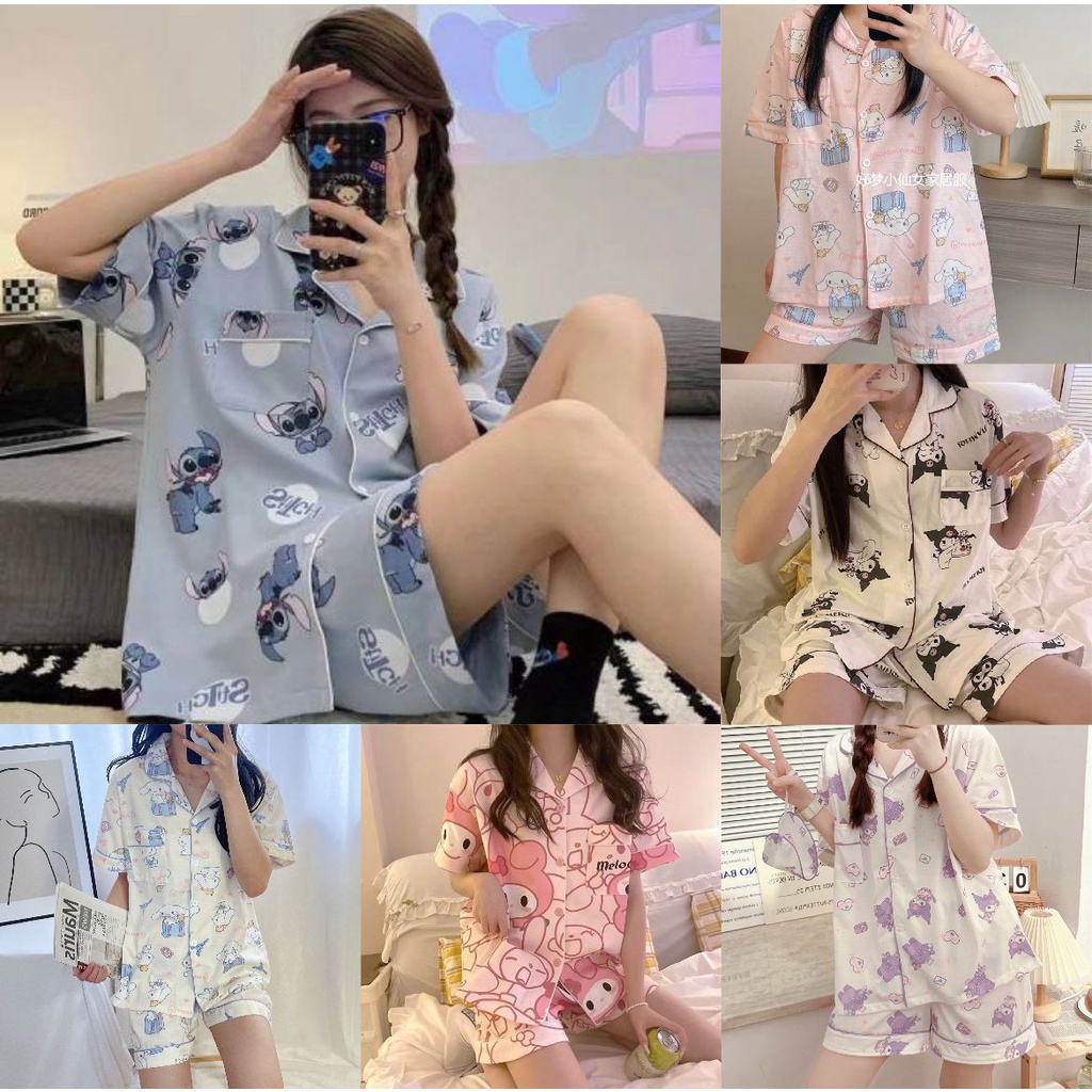 BAJU TIDUR PIYAMA SANRIO CINNAMOROLL KUROMI MELODY LILO STITCH HELLO KITTY SET DASTER CELANA SLEEPWEAR IMPOR