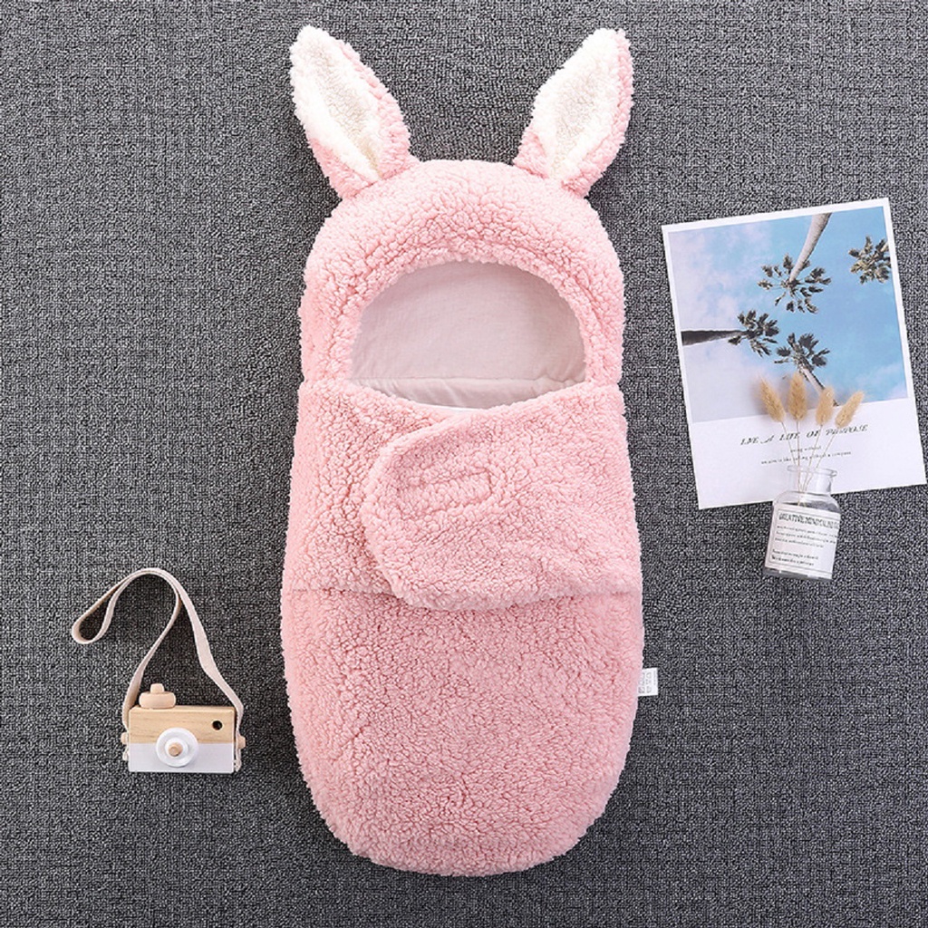 Selimut Bedong Bayi Praktis Lucu 0-1 Tahun Bahan Bulu Domba Motif Kelinci