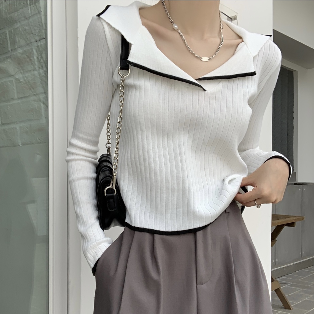 Knitwear Atasan Polos Wanita Lengan Panjang Sweater Rajut Korea