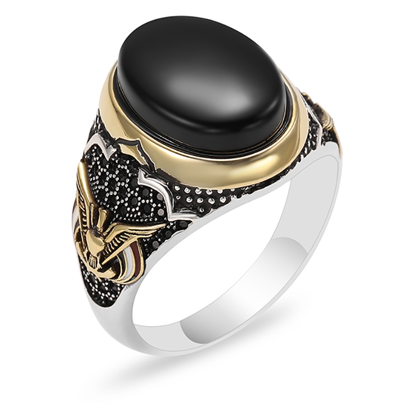 Cincin Silver Hias Batu Permata Hitam Ukiran Burung Gaya Retro Untuk Pria