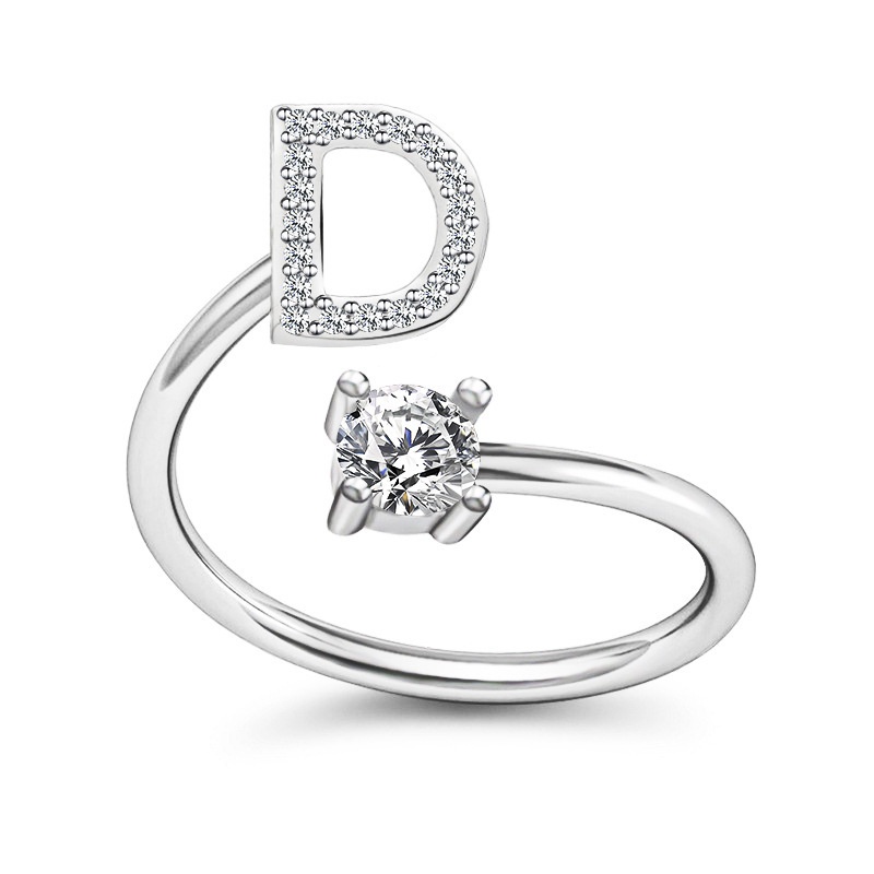 Korea Sederhana Surat Liar Berlian 26huruf Inggris Terbuka Adjustable Cincin Halo Perhiasan Gadis-D