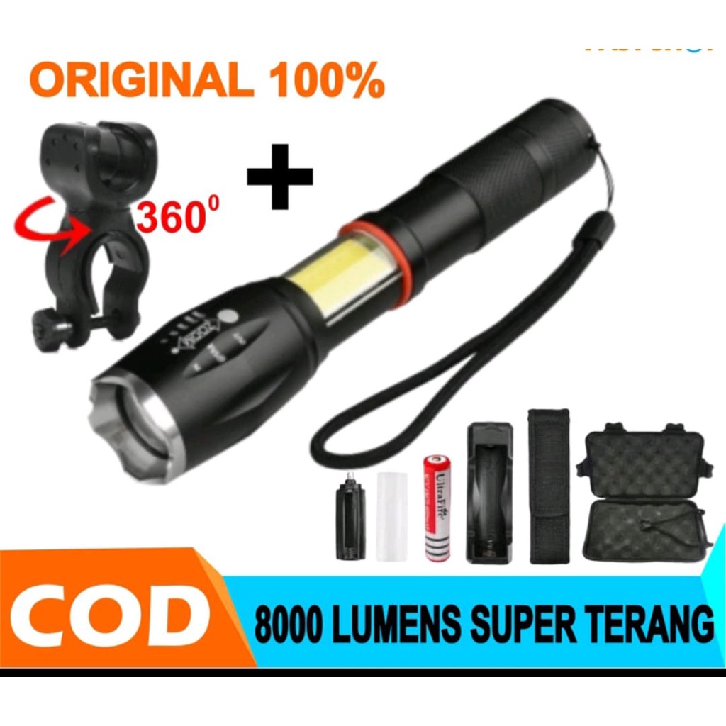 Senter Led Super Terang Paket Komplit Senter LED E17 XM-L T6 8000 Lumens COB Magnet Flash Bracket