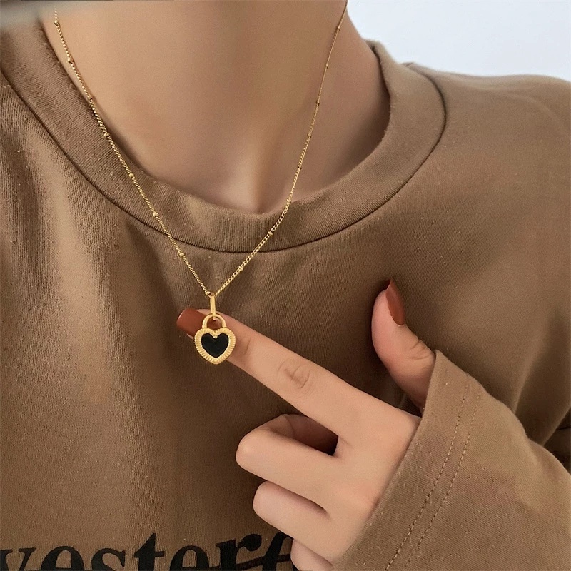 Manis Vintage Perhiasan Hadiah Aksesoris Cinta Hati Liontin Kalung Elegan Hitam Putih Dua Sisi Indah Rantai Klavikula Fashion Choker Untuk Wanita Gadis Untuk Wanita Perempuan