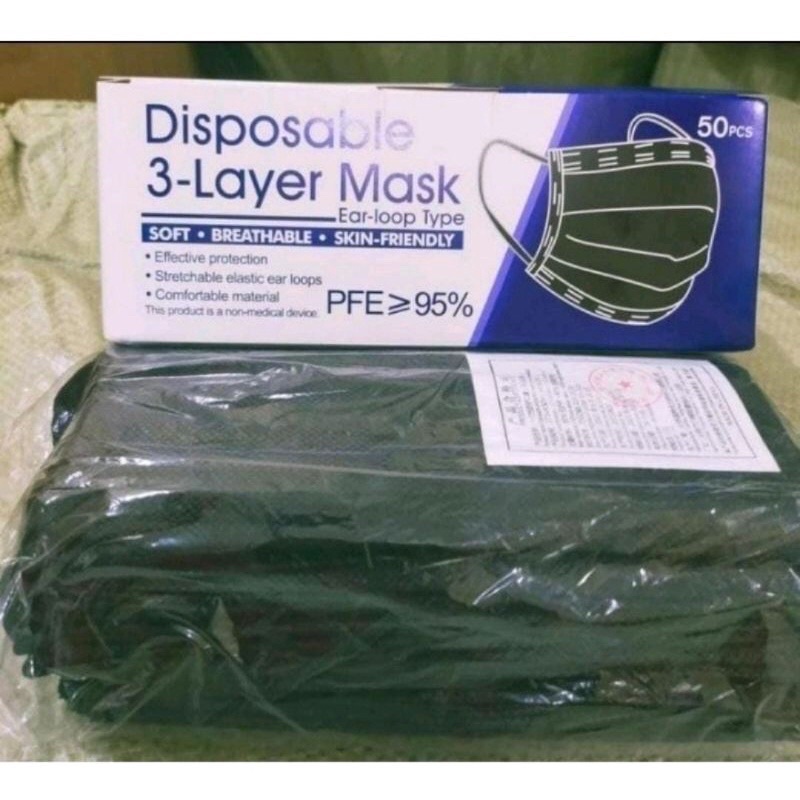 Masker Hitam isi 50pcs | Masker Earloop 3PLY Hitam | Masker Cantol Hitam per Box Isi 50 Korea