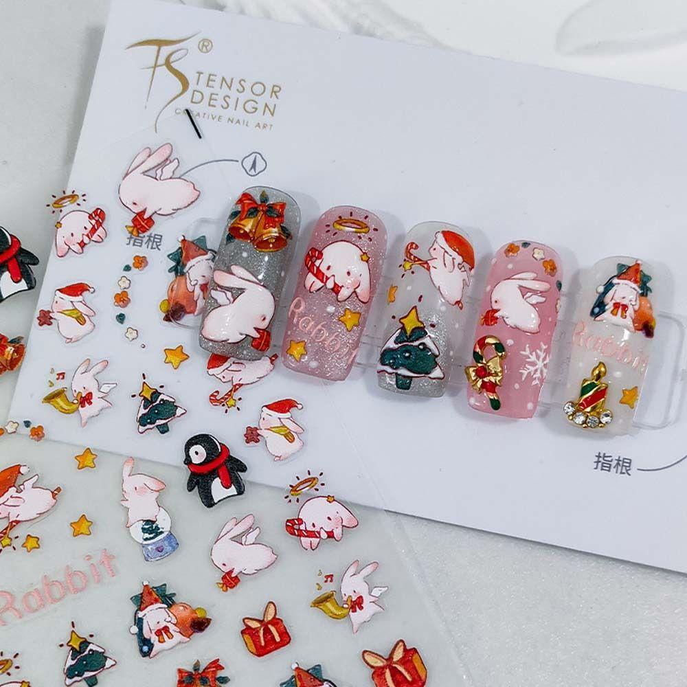 AUGUSTINA Agustinina Stiker Kuku Natal Motif Kotak Relief Lonceng Elk Santa Claus Snowman Nail Art Dekorasi