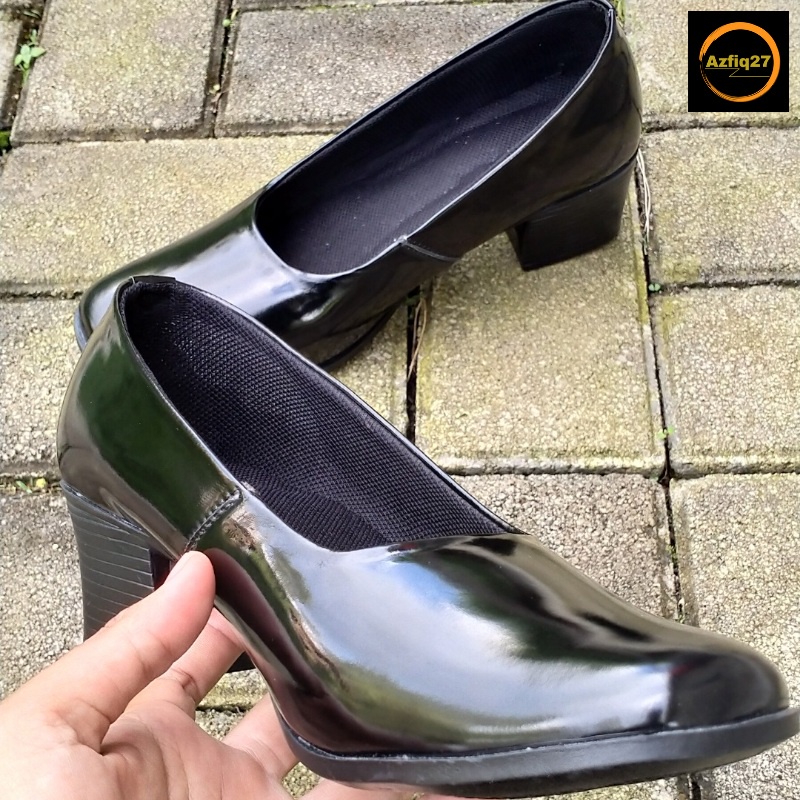 Sepatu Pdh Wanita Formal Polwan Guru Hak 5 cm Terbaru Mengkilap Azfiq27 Original