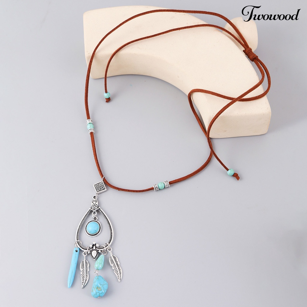 Kalung Tali Suede Adjustable Dengan Liontin Turquoise Gaya Bohemian Untuk Wanita