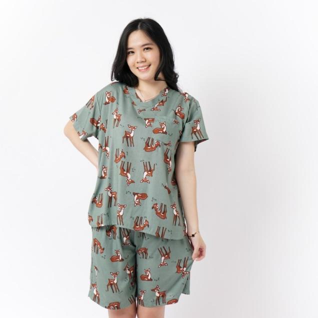 NOONMOON - set piyama pendek rayon motif - purpe kancing