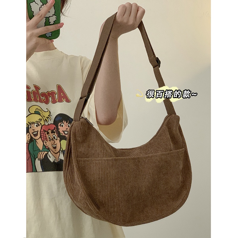 Suhao all-match ins messenger bag female 2022 baru trendi fashion corduroy sadel tas niche tas bahu tas kanvas