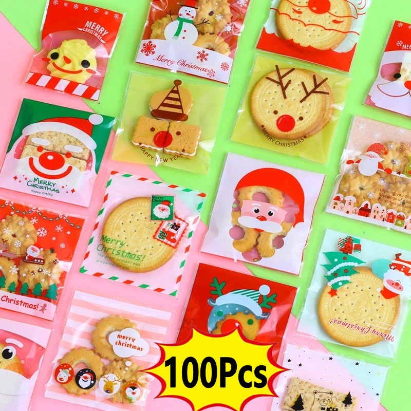 100pcs Kantong Permen / Kue / Biskuit / Snack Motif Natal Dengan Perekat Navidad