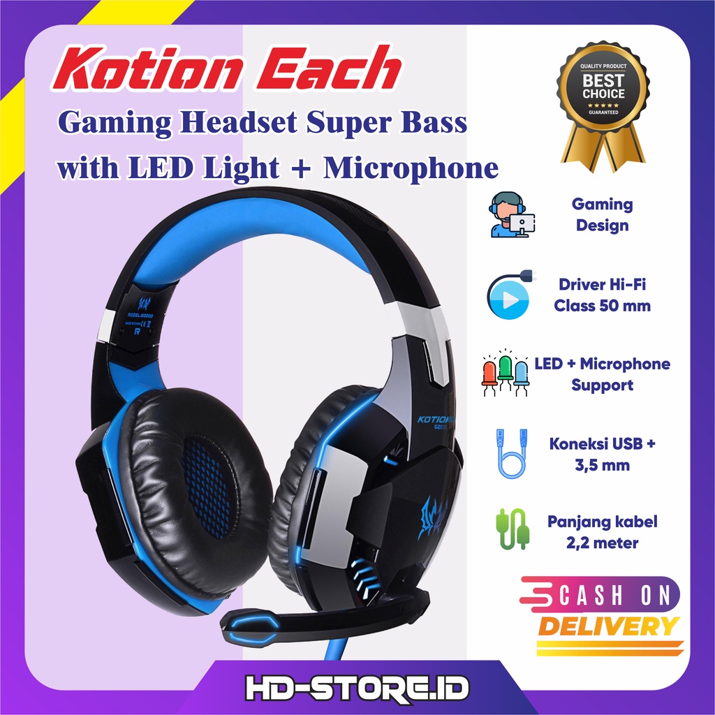 KOTION EACH Headset Gaming With Mic Headphone Premium Super Bass Hedset Game LED Support Wired Type 