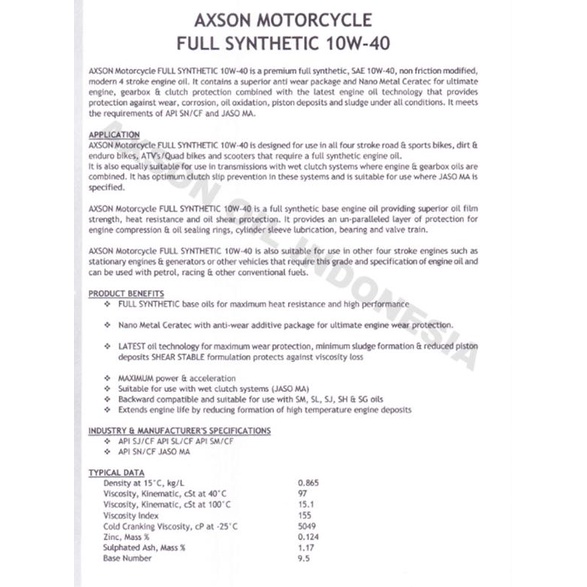 Axson Fully Synthetic Motorcycle Oil 10W-40