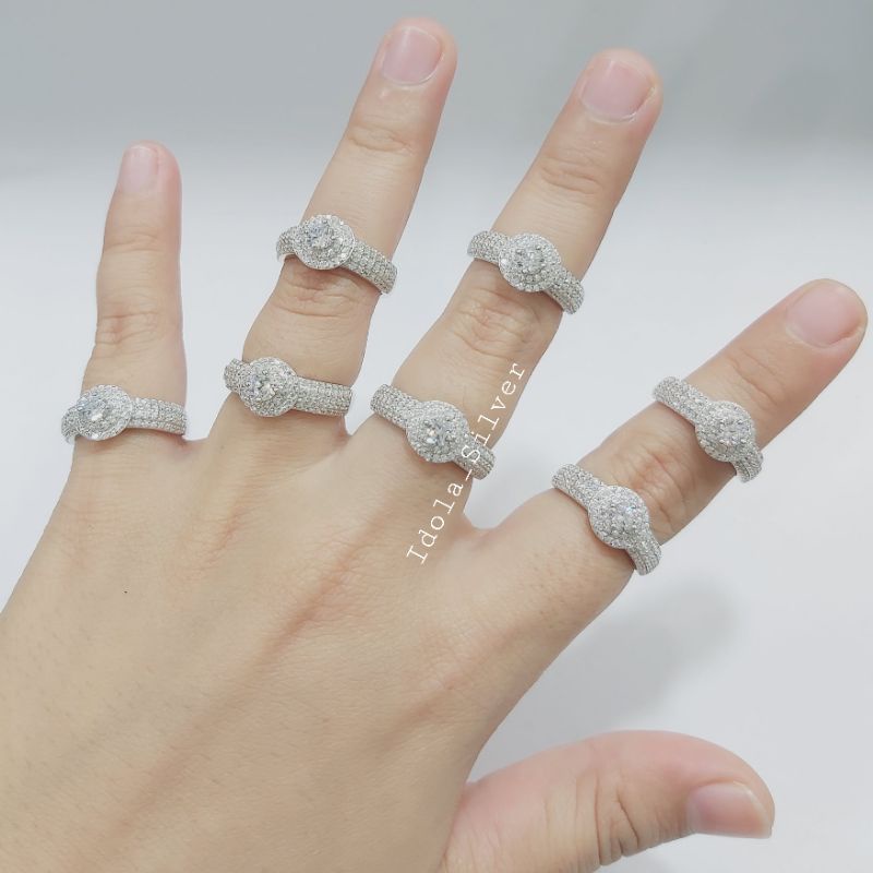 CINCIN PERAK ASLI SILVER WANITA 925 LAPIS EMAS PUTIH MODEL BULAT PERMATA KELILING - PERHIASAN PERAK ASLI