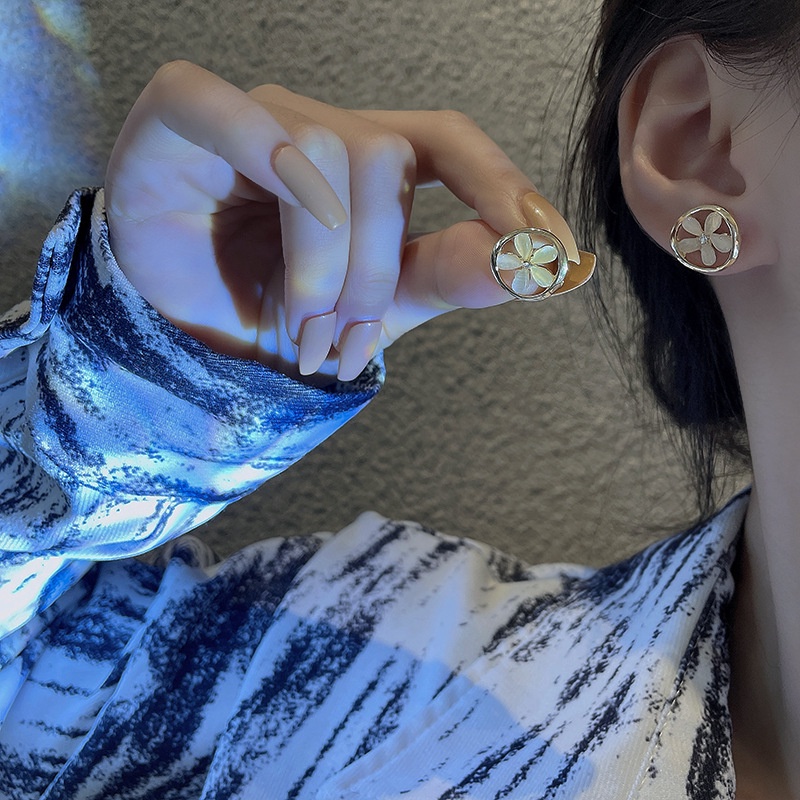 Anting Tusuk Desain Bunga Opal Geometri Hollow out Bahan 925 silver