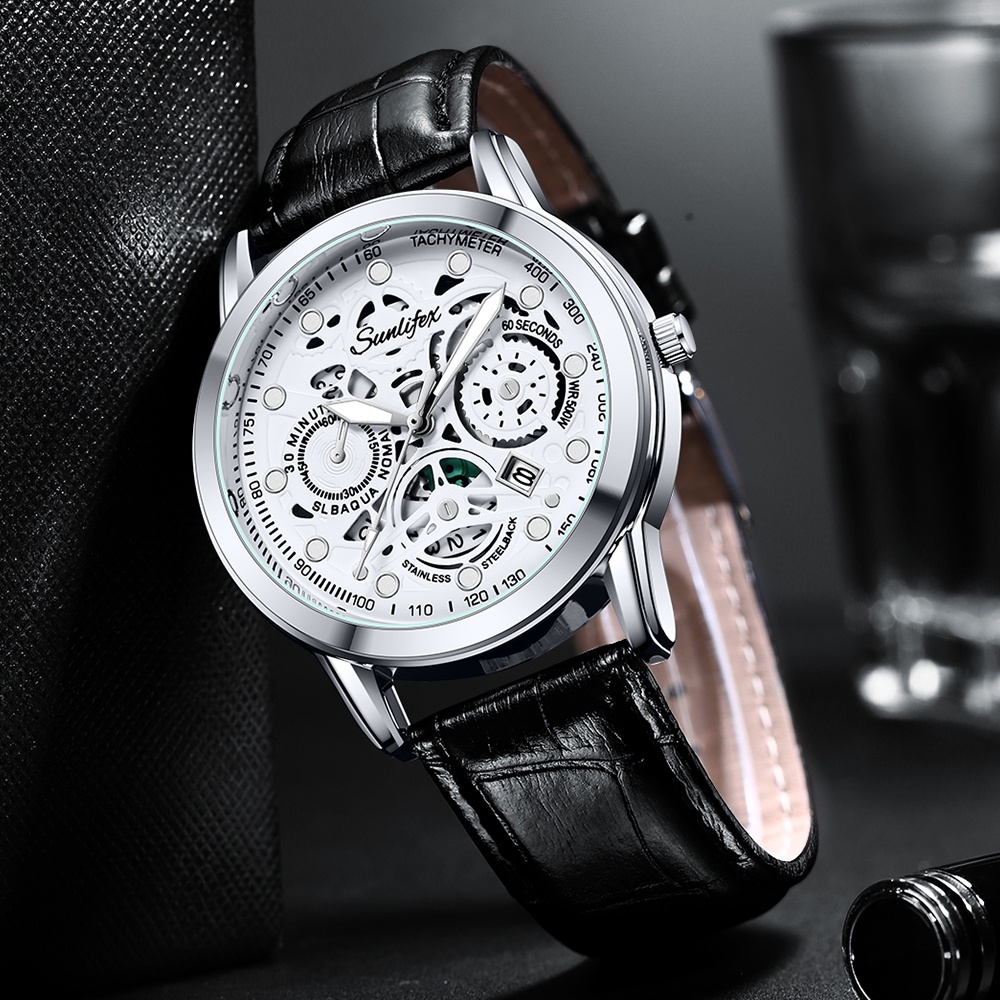 Sunlifex Jam Tangan Pria Dial Berongga Anti Air Kuarsa Tali Kulit Jam Pria Original Santai Mode Jam Tangan Cowok 7001-7