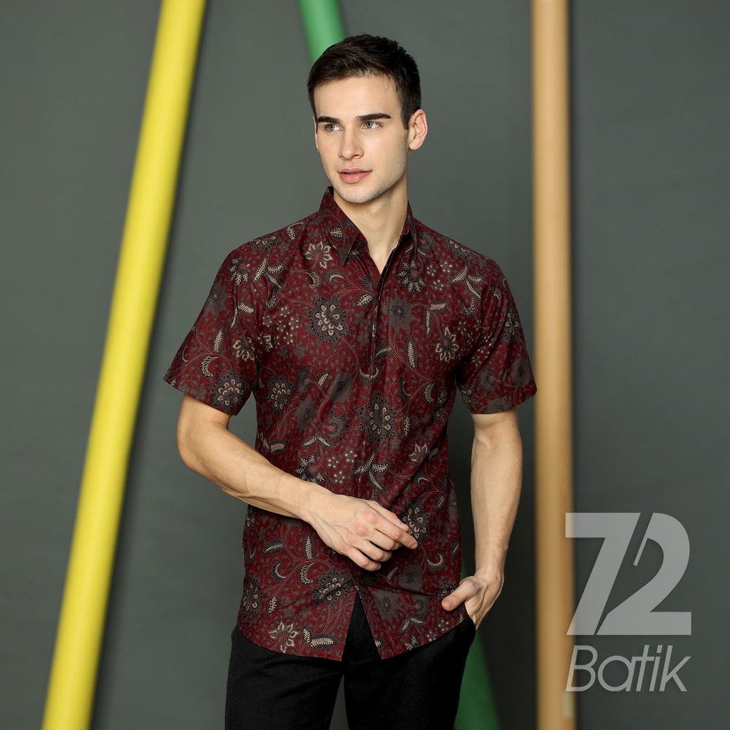 KEMEJA BATIK PRIA Lengan Pendek Premium Kembang Setaman Merah Maroon 722665 Cap 72 - Baju Kemeja Atasan Pakaian Setelan Batik Pria Cowok Laki Laki Remaja Keluarga Kantor Lengan Panjang Modern Slimfit Slim Fit Premium Kekinian