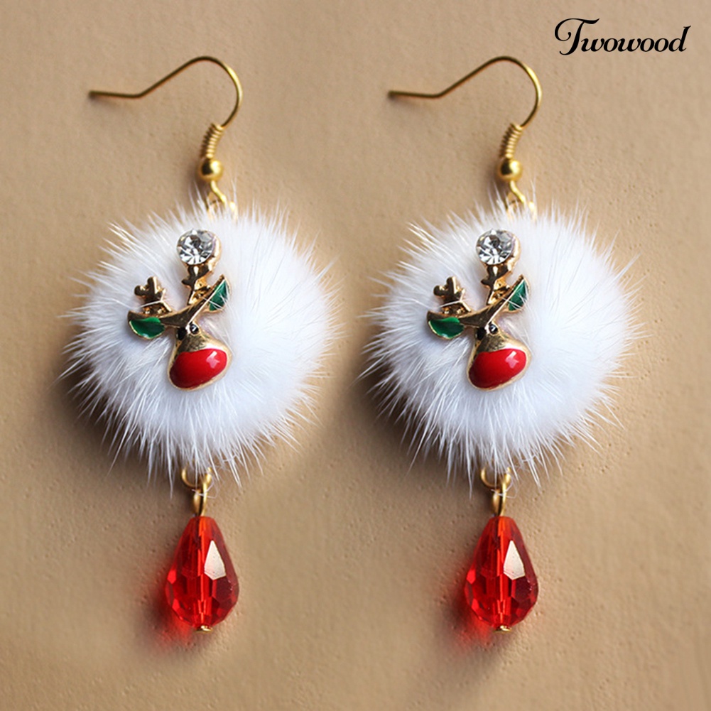 Anting Hook Desain Santa Claus Elk Pompom Aksen Berlian Imitasi Untuk Wanita